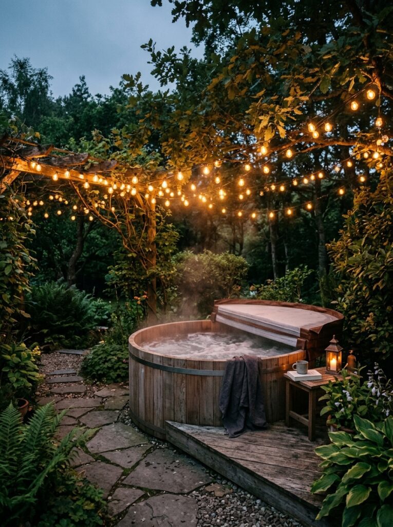 Outdoor jacuzzi lit from above by warm amber string lights at dusk