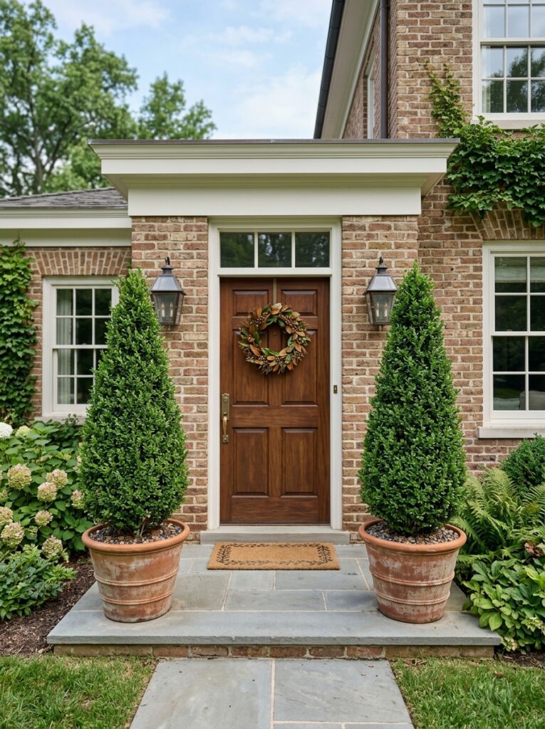 Matching boxwood topiaries in terracotta pots on either side of a front door