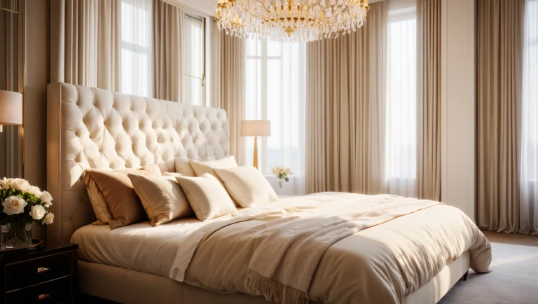 Classy bedroom with neutral tones, elegant headboard and timeless decor