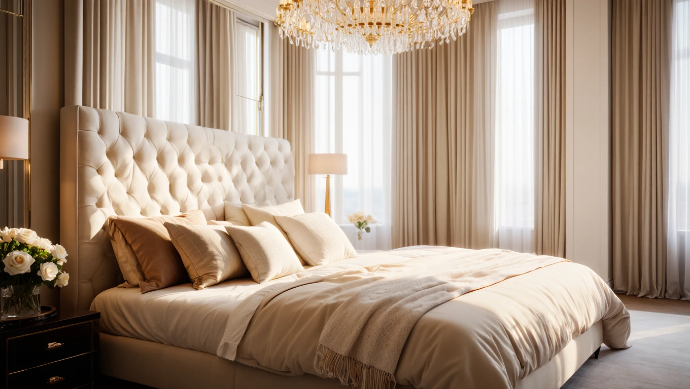 Classy bedroom with neutral tones, elegant headboard and timeless decor