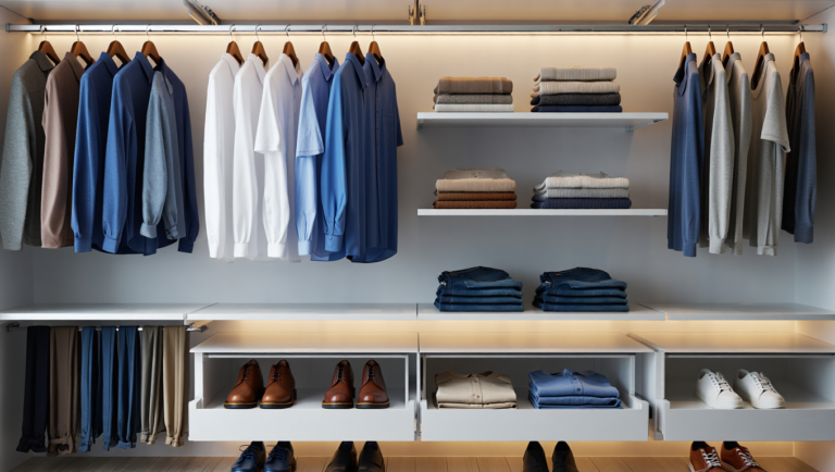 capsule wardrobe for men with essential clothing pieces flat lay style