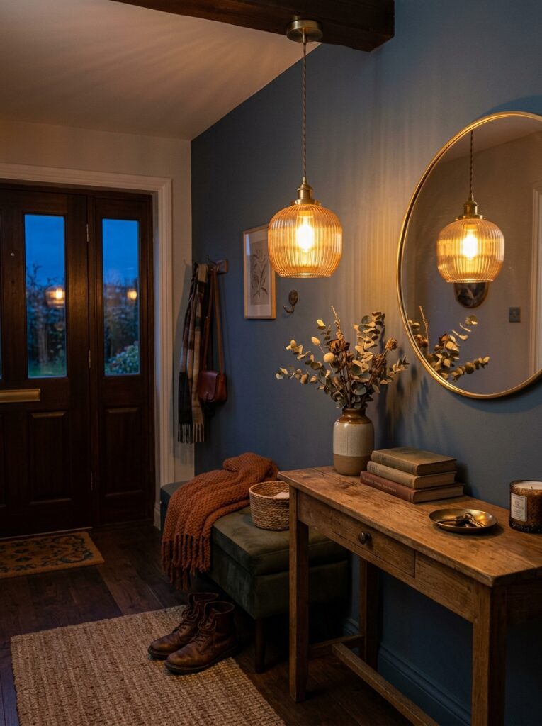 Warm pendant light illuminating a small entryway
