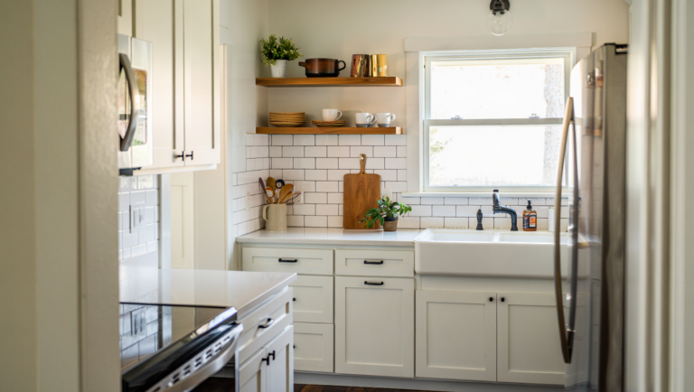small kitchen remodel on a budget with white cabinets and smart storage