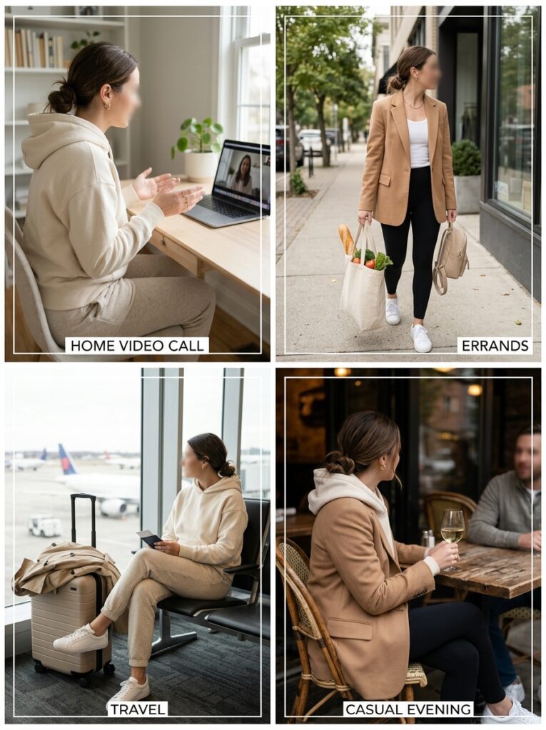 Athleisure wardrobe pieces laid out and styled several ways