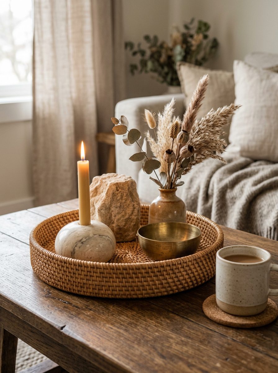 Coffee table arrangement mixing warm natural materials