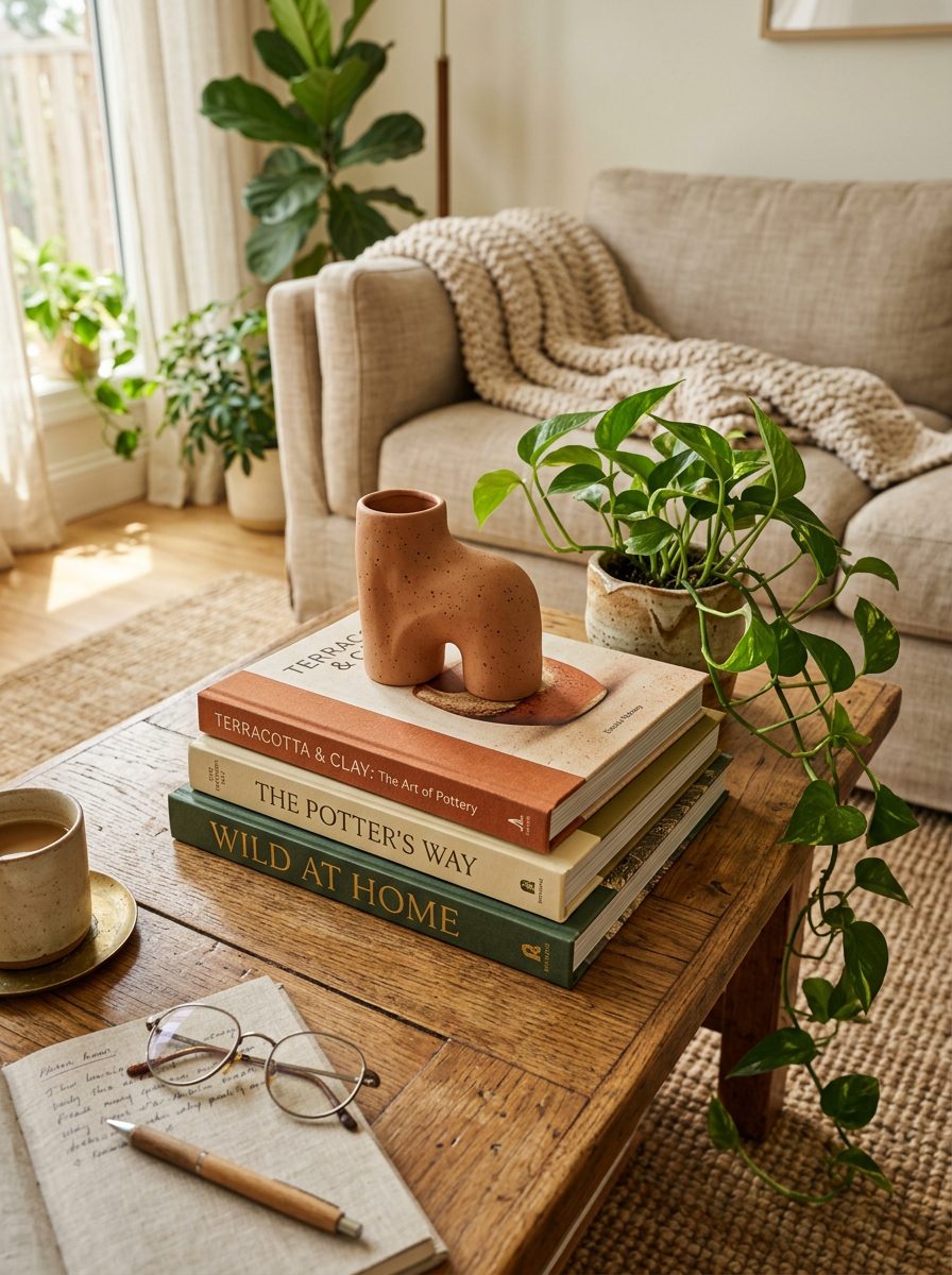 Coffee table styled with stacked books and ceramic objects