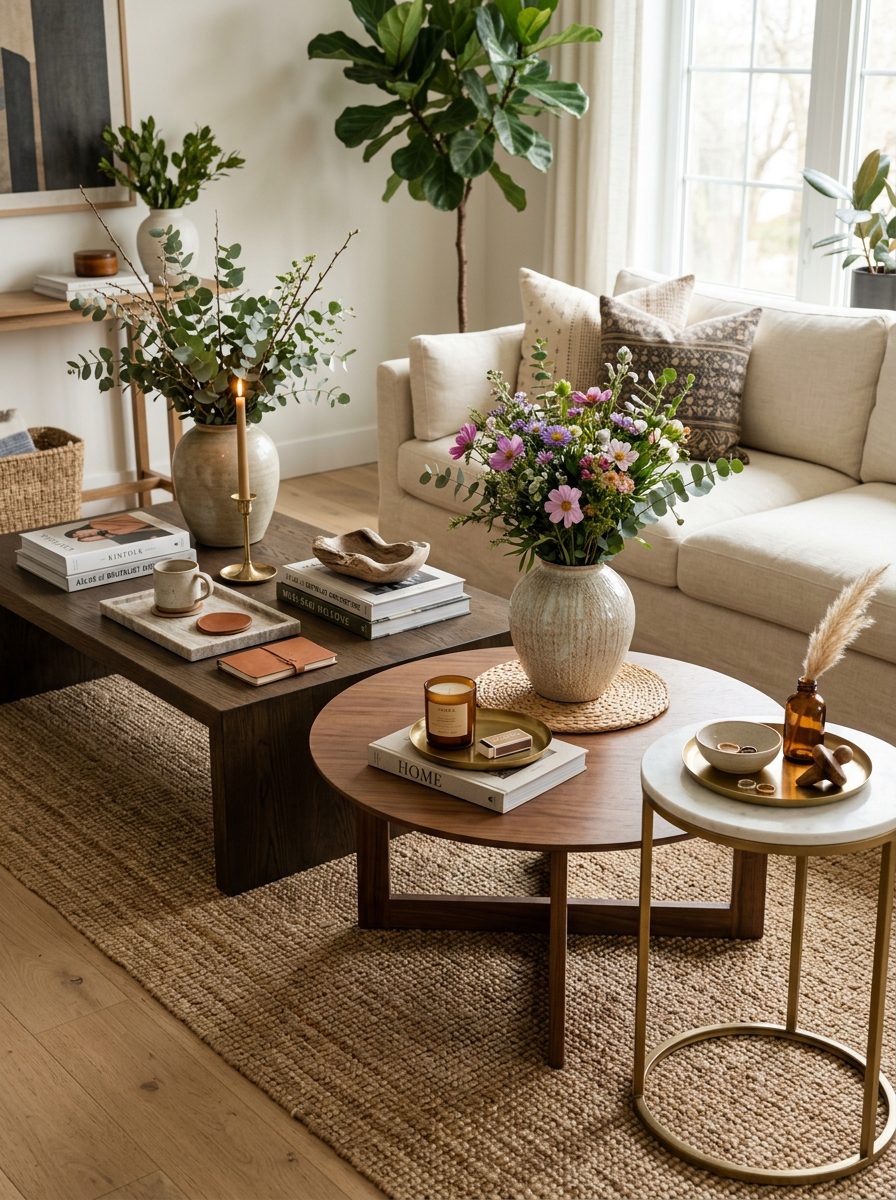 Coffee tables of different sizes styled proportionately