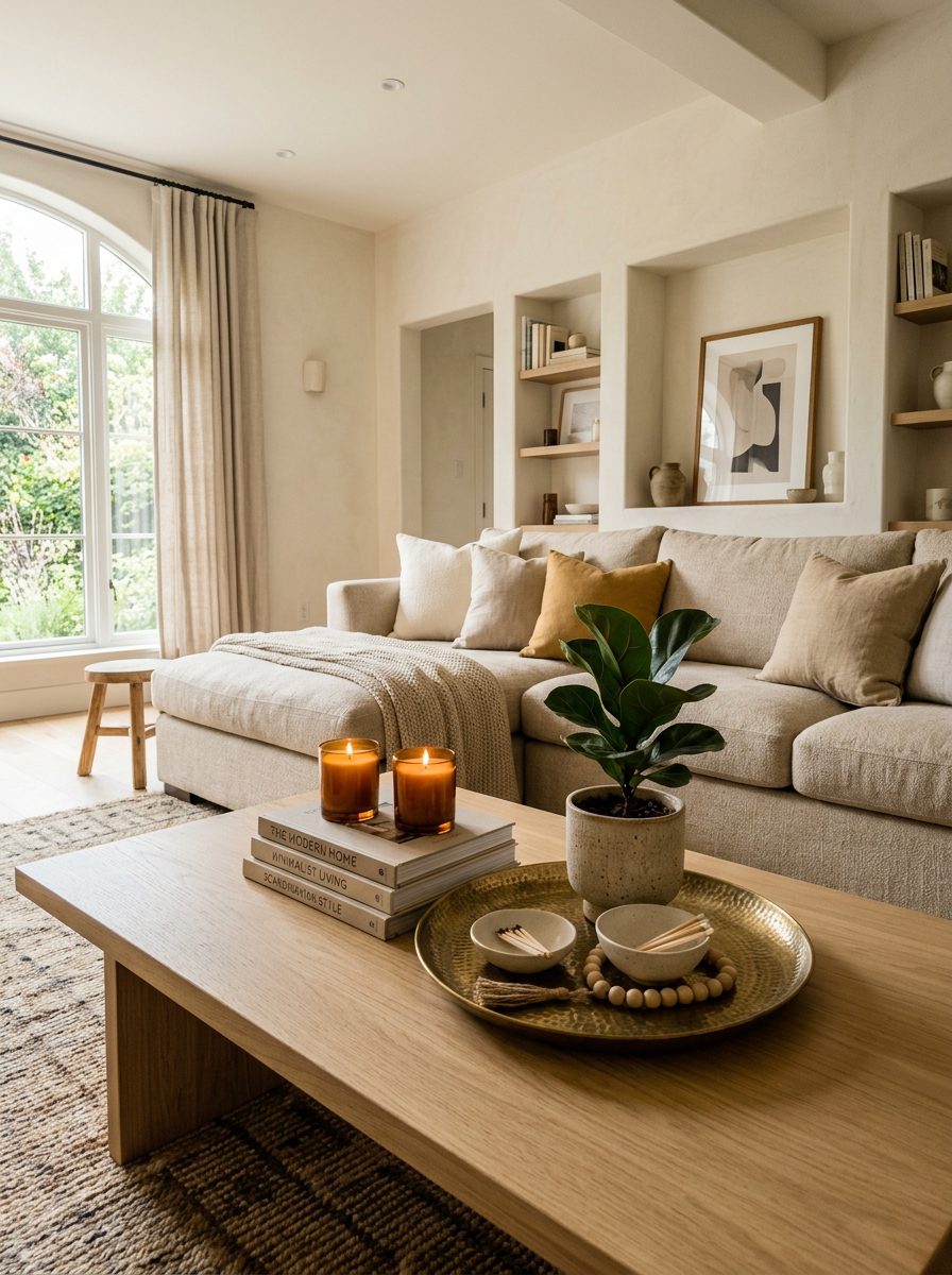 Living room coffee table styled with a tray centerpiece