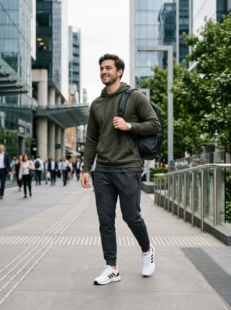 Man moving through an urban environment in everyday athleisure