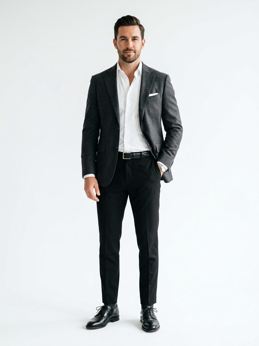 Man wearing a grey blazer with dark trousers