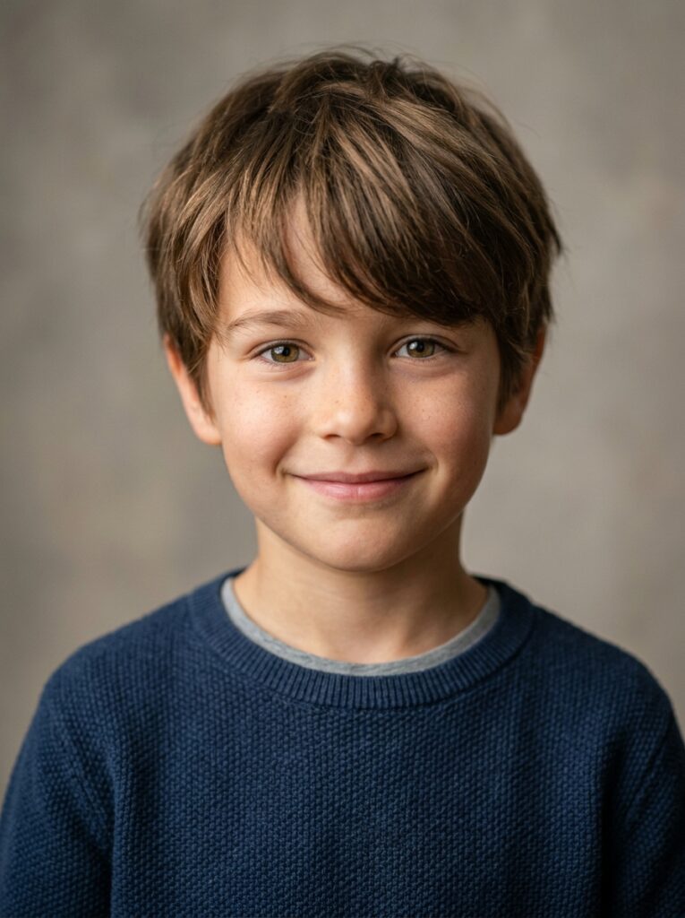 Young boy photographed in neutral studio lighting showing face shape