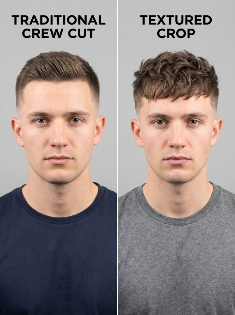 Side-by-side comparison of a textured crop and a crew cut