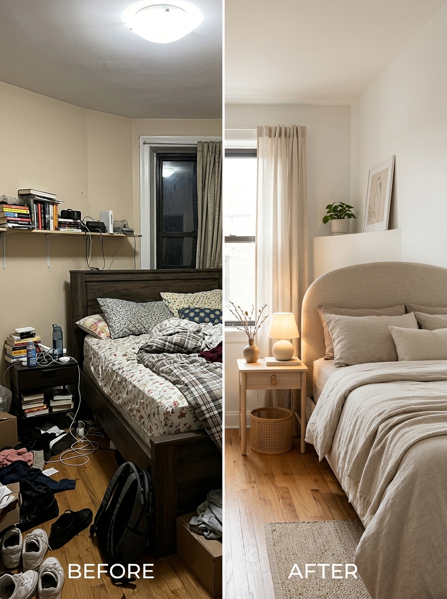 Side-by-side comparison of a cluttered versus tidy small bedroom