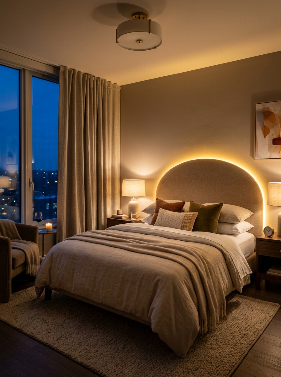 Small bedroom in the evening lit by a bedside lamp and a warm LED strip behind the headboard