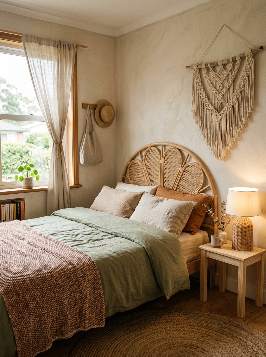 Small bedroom featuring a rattan headboard and natural woven textures