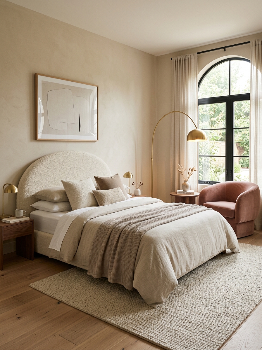 Small bedroom with a curved upholstered headboard in boucle fabric
