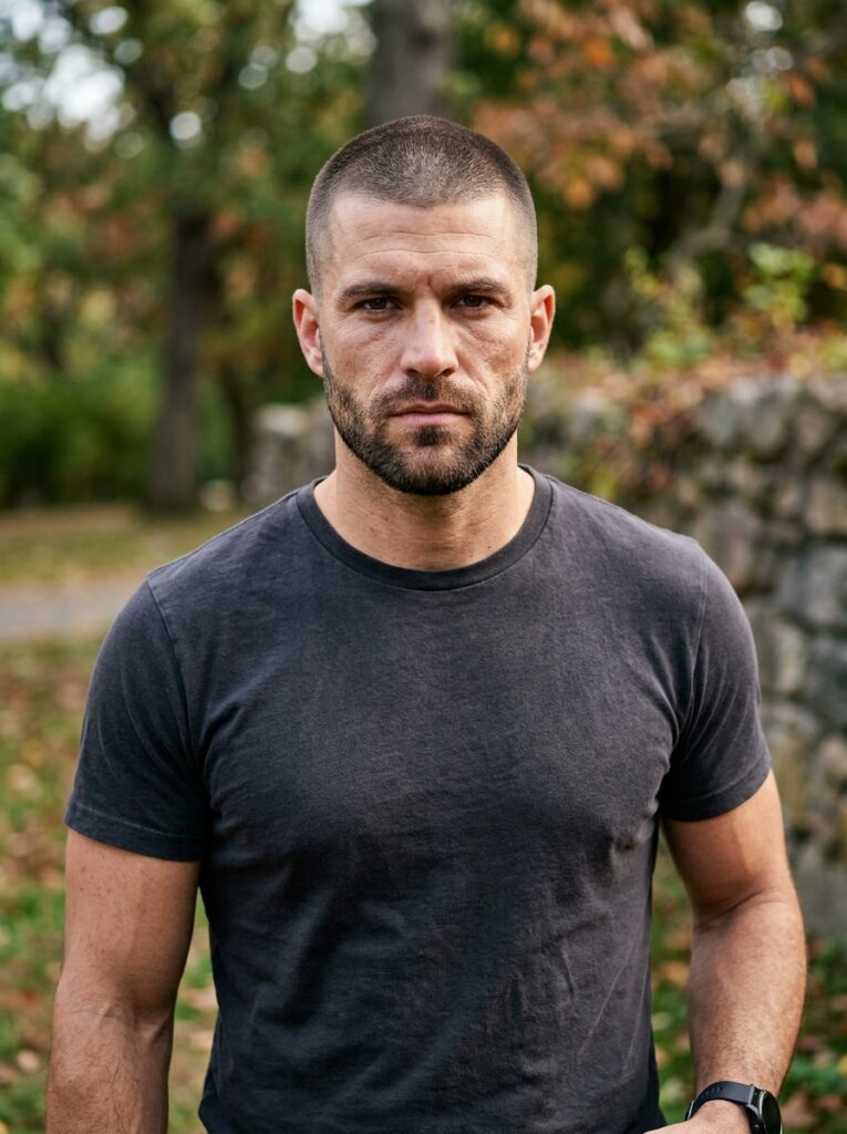 Man with a buzz cut and heavy stubble beard