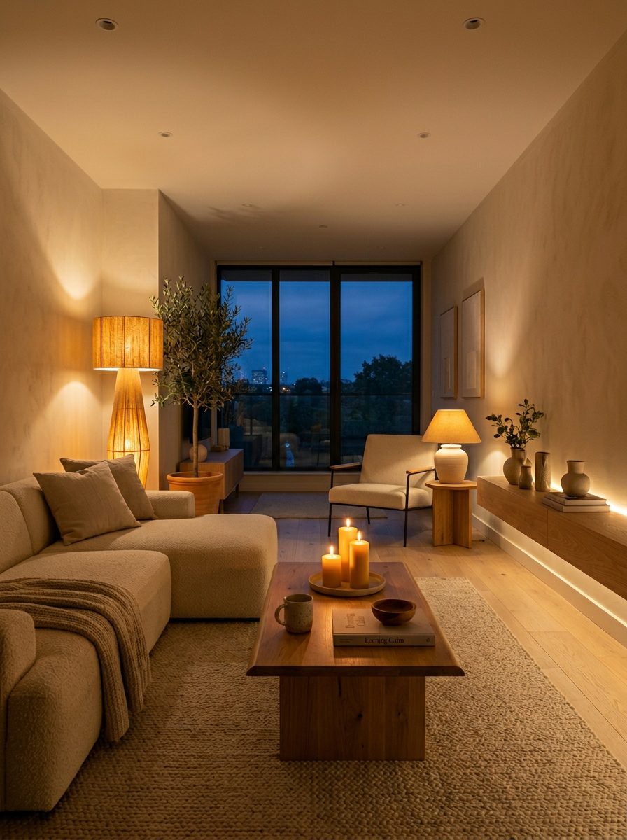 Minimalist living room in the evening with warm layered lighting