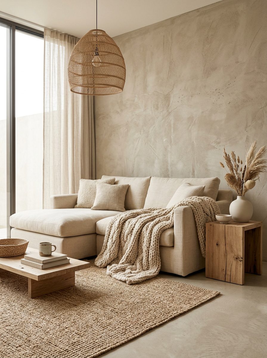 Minimalist living room layered with varied natural textures