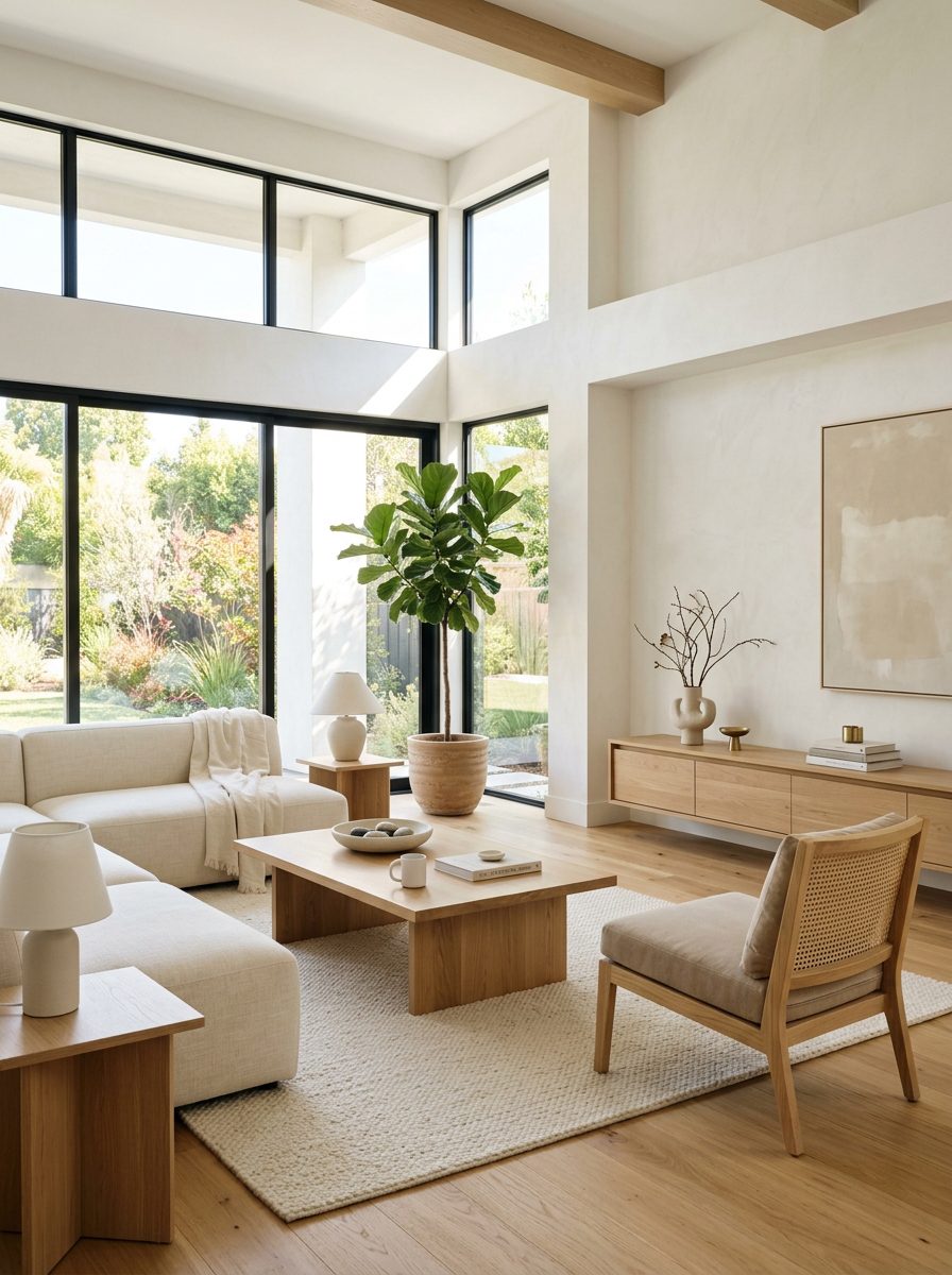 Minimalist modern living room with a decluttered, calm layout