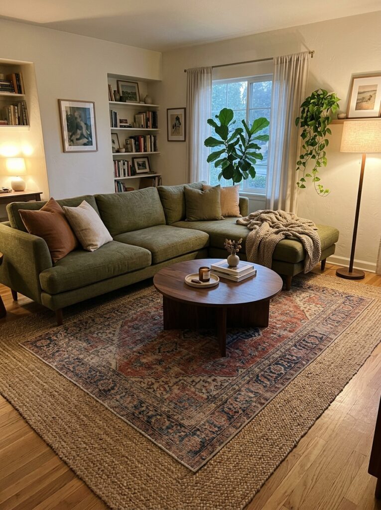 Smaller red and navy patterned wool rug layered over a large natural jute rug in front of an olive green sectional